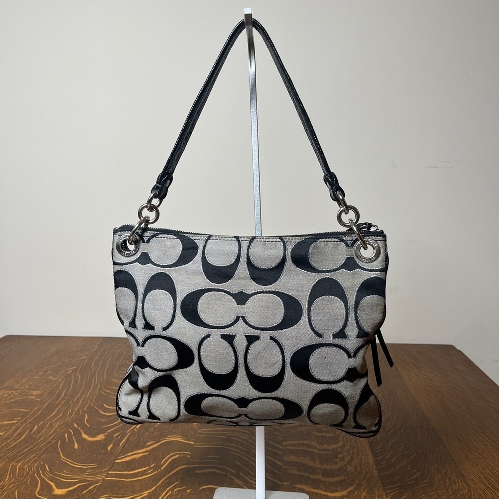 Coach Poppy Black and Gray Signature C CanvasShoulder Bag with Leather Trim - Picture 2 of 9